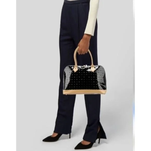 Arcadia Italian Bugatti Black Patent Leather Satchel Dome Handbag Tan & Red Trim - Picture 2 of 12